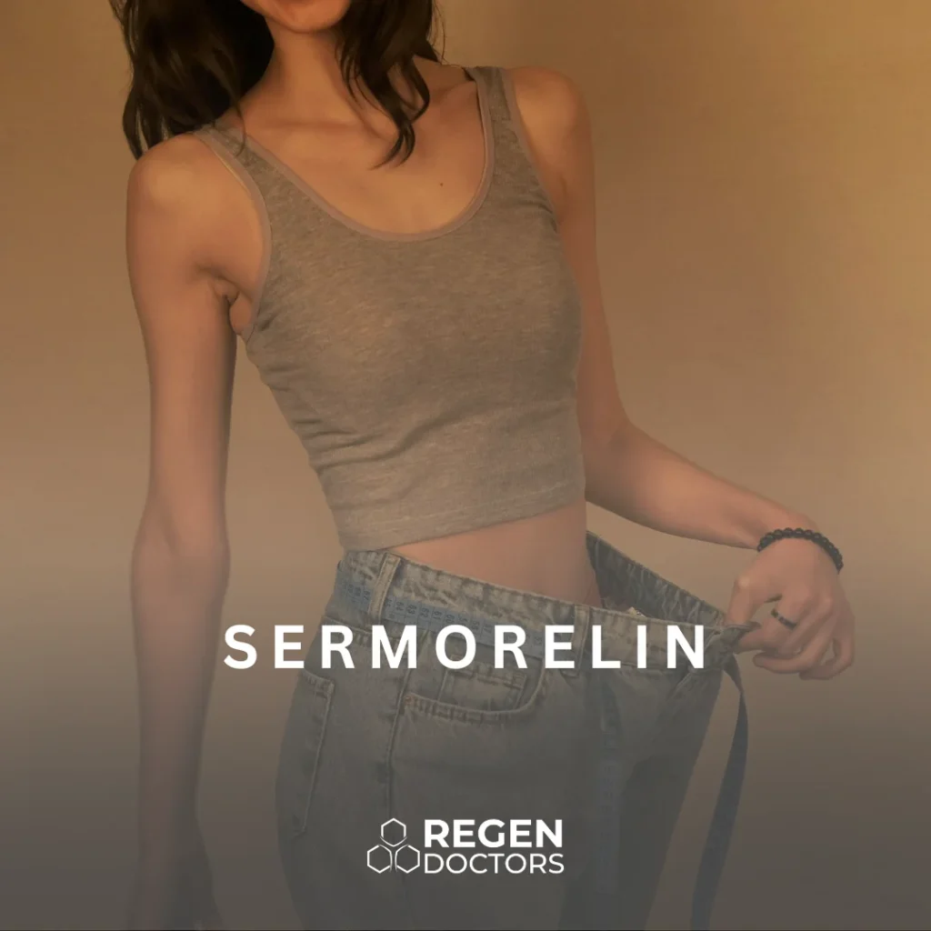 Image of a woman wearing a fitted tank top and high-waisted jeans, promoting the product "Sermorelin" from Regen Medical. The background features a soft gradient, enhancing the focus on the subject and the product name. This image highlights the benefits of Sermorelin, a growth hormone-releasing hormone used in anti-aging treatments and muscle growth. Ideal for those seeking to improve their health and wellness through regenerative medicine.