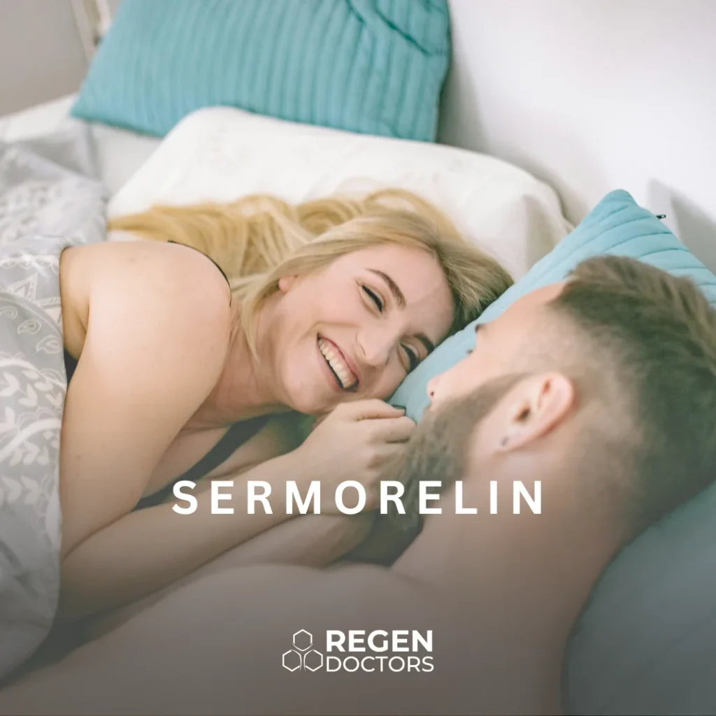 A couple enjoys a moment of laughter and intimacy in bed, symbolizing the benefits of sermorelin therapy for enhancing vitality and well-being. The image features a relaxed atmosphere with soft pillows and bedding, highlighting a sense of comfort and connection. This visual representation promotes the positive effects of sermorelin, a growth hormone-releasing hormone used in regenerative medicine. Ideal for individuals seeking to improve their health and quality of life, the image conveys warmth and happiness, aligning with the mission of Regen Doctors to support