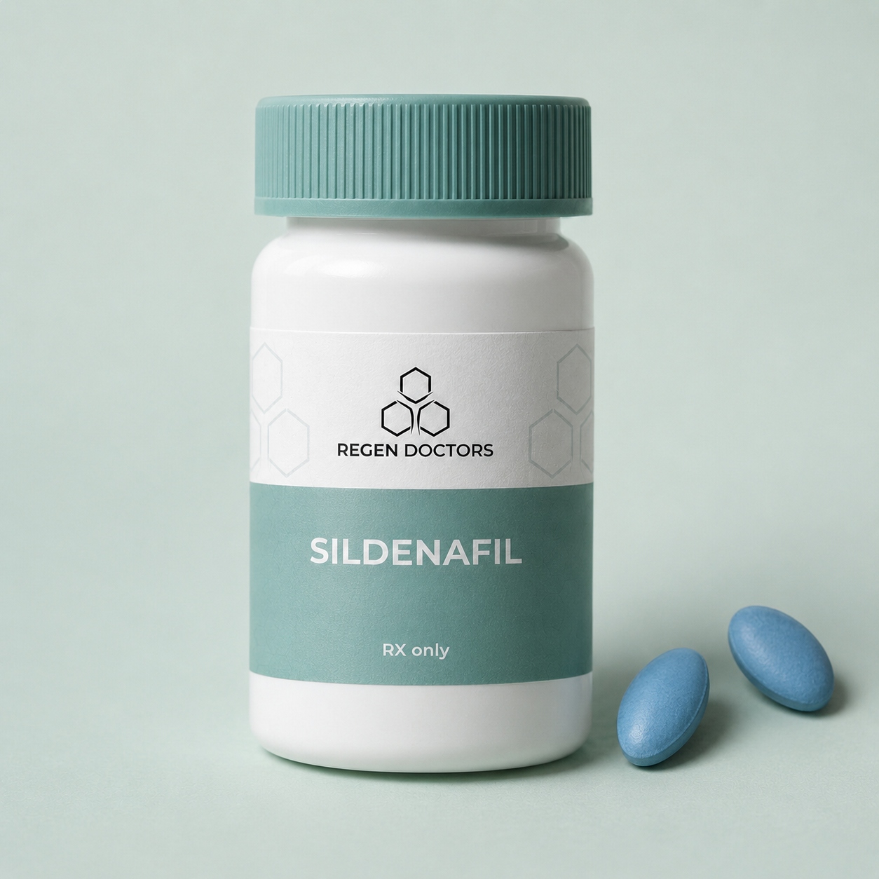 Sildenafil prescription bottle with two blue pills
