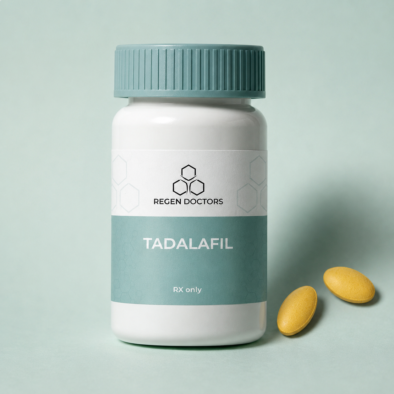 Tadalafil prescription bottle with two yellow tablets