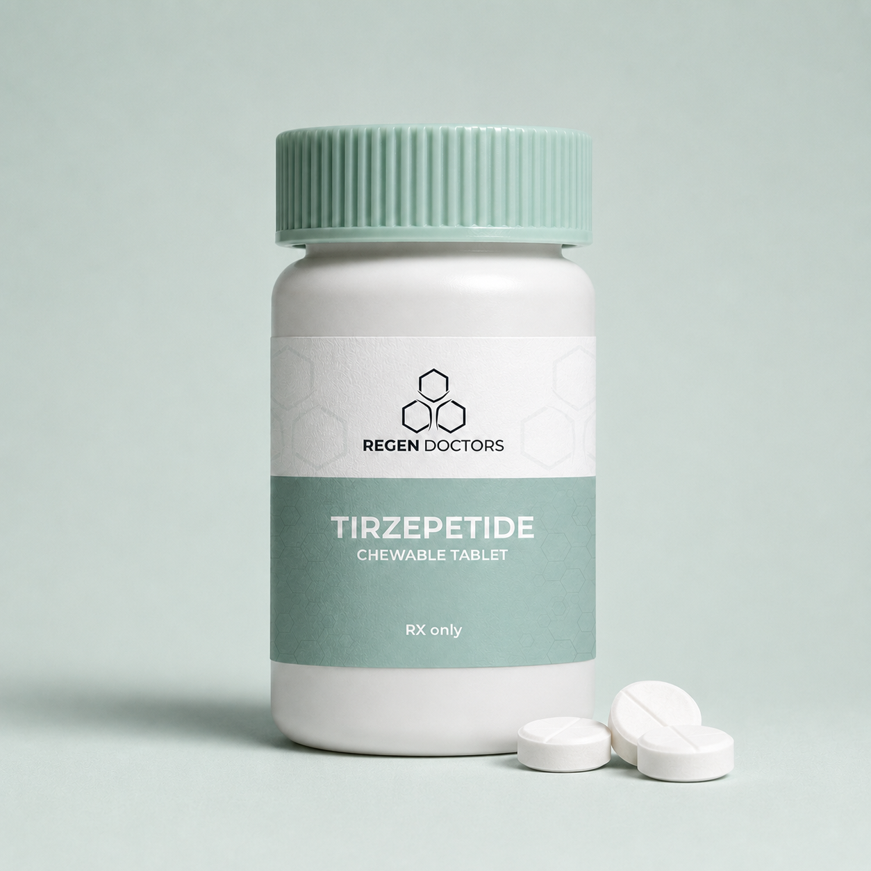 Tirzepetide chewable tablet prescription bottle with pills