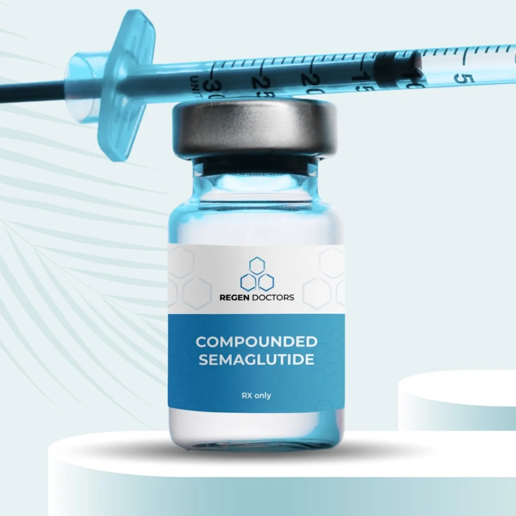 Image of a vial labeled "Compounded Semaglutide" from Regen Doctors, accompanied by a syringe. The vial features a blue and white design, indicating it is for prescription use only. The syringe, positioned above the vial, is marked with measurement lines. This image represents a medication commonly used for weight management and diabetes treatment, emphasizing its clinical application and importance in health care.