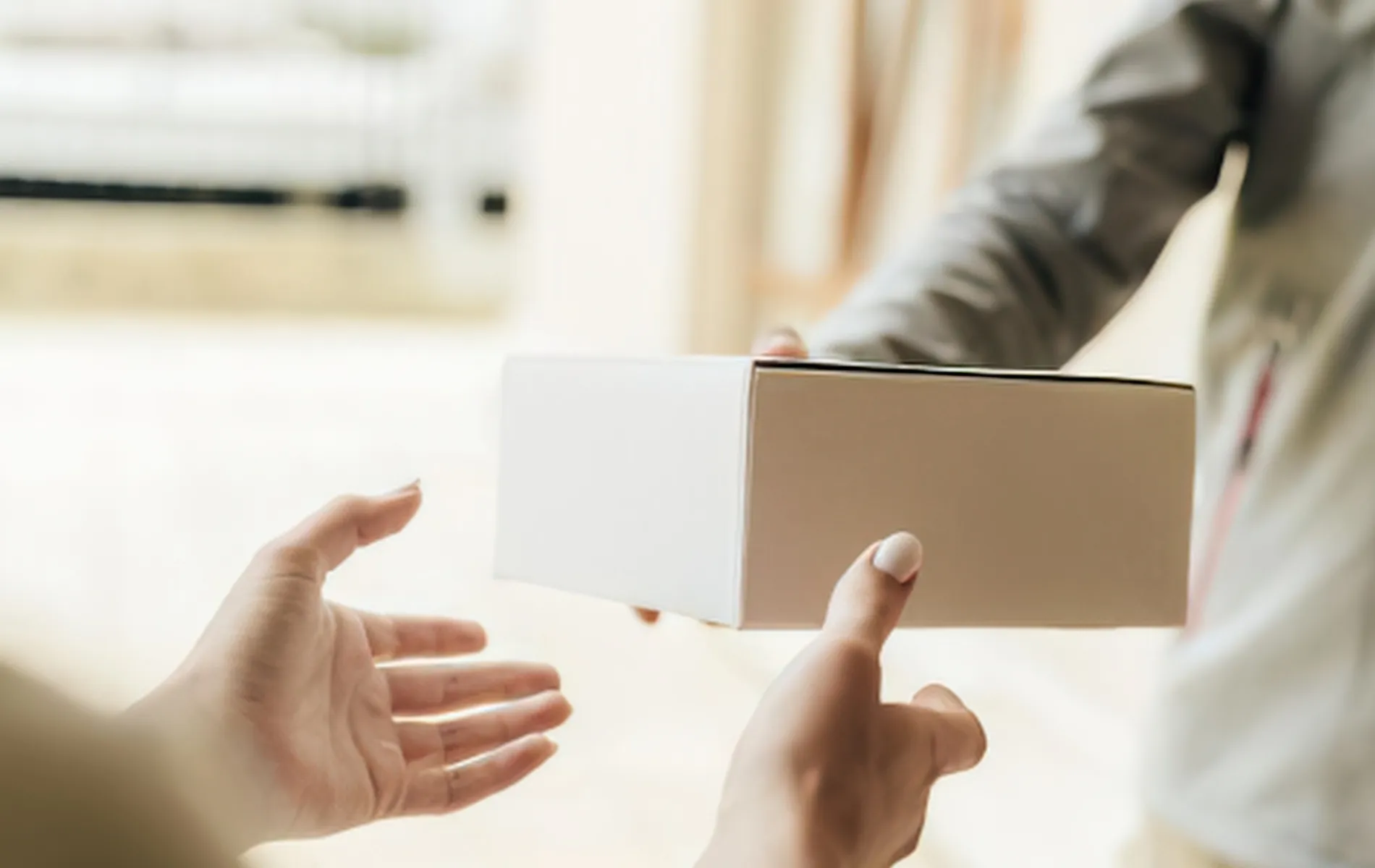 Person handing small package to another indoors