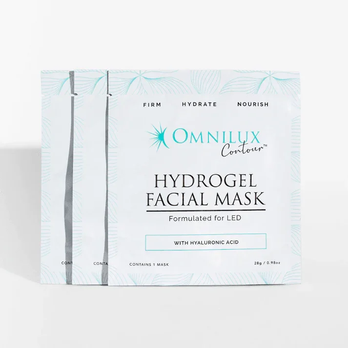 Three packets of Omnilux Hydrogel Facial Mask, designed for hydration and skin rejuvenation. Each packet contains a high-quality gel mask formulated to nourish and revitalize the skin. Ideal for all skin types, this facial mask aims to enhance moisture retention and promote a radiant complexion. The product is suitable for at-home use or professional treatments, ensuring a spa-like experience. The packaging features a clean, modern design, highlighting its skincare benefits.