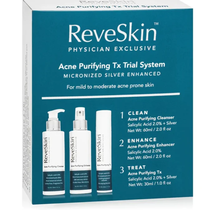 ReveSkin Acne Purifying Tx Trial System packaging, featuring three products designed for mild to moderate acne-prone skin. The kit includes an Acne Purifying Cleanser with 2% Salicylic Acid and Silver, an Acne Purifying Enhancer also with 2% Salicylic Acid, and an Acne Purifying Treatment containing 2% Salicylic Acid and Silver. Each product is labeled clearly, with specific net weights provided. The design emphasizes the benefits of micronized silver for enhanced